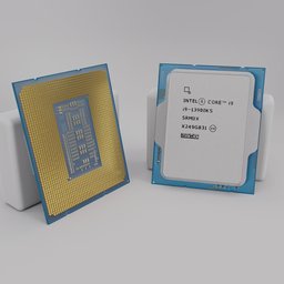 "Intel i9-13900KS: Fastest desktop PC chip in cream and blue color scheme, rendered in Luxcore. Limited edition with high demand. 3D model for Blender 3D."