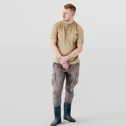 Young male 3D character model in construction uniform and rubber boots, designed for Blender rendering.