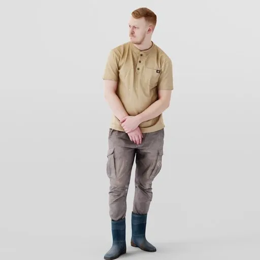 Young male 3D character model in construction uniform and rubber boots, designed for Blender rendering.