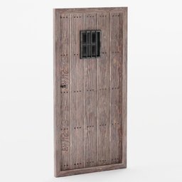 "Low-poly game asset of a medieval wooden door with a barred window, inspired by Antonello da Messina and rendered with Houdini. Perfect for your Blender 3D projects. Featured on Amiami and worth1000.com in gunmetal grey on a rough wooden dungeon table, with godray lighting."