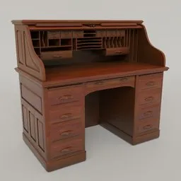 "3D model of a late Victorian/Edwardian roll-top desk with S-shaped tambour front, manufactured in the 1920s. Inspired by Charles Fremont Conner, featuring wooden top and drawers in a red and brown color scheme. Perfect for Blender 3D software users."