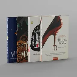Detailed 3D modeled books for scene decoration, compatible with Blender, showcasing varied spine designs.