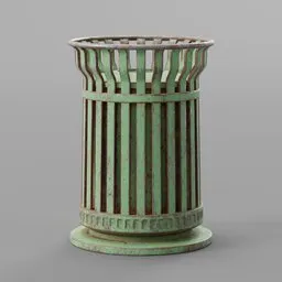 "Street Trash Can 4: A hyperrealistic 3D model for Blender 3D featuring a green trash can with a metal lid. Inspired by Piranesi, Charles Furneaux, and art deco stripe patterns, this detailed cityscape asset is perfect for adding lifelike garbage disposal elements to your urban scenes. Choose from three different color textures for added versatility in your designs."