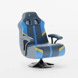 Ergonomic blue and yellow racing style gamer chair 3D model, designed in Blender, with adjustable armrests and high backrest.