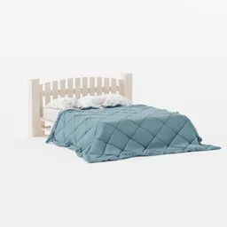 Minimalistic wooden bed with quilted blue blanket and pillows, designed in Blender 3D for modern interiors.