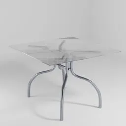 Transparent modern kitchen table 3D model with curved aluminum legs, ideal for Blender 3D projects.
