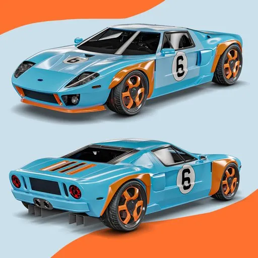 3D model of a blue Ford GT 2006 with racing decals, showcasing detailed exterior and interior design, compatible with Blender.
