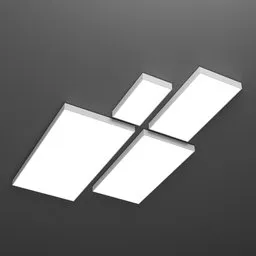 "Ceiling light 3D model with square lights on a gray wall, available in 4 sizes - 60x30cm to 150x75cm. Separated into parts for easy positioning and featuring a light to ceiling holder. Created in Blender 3D for versatile use in digital billboards and office ceiling panels."