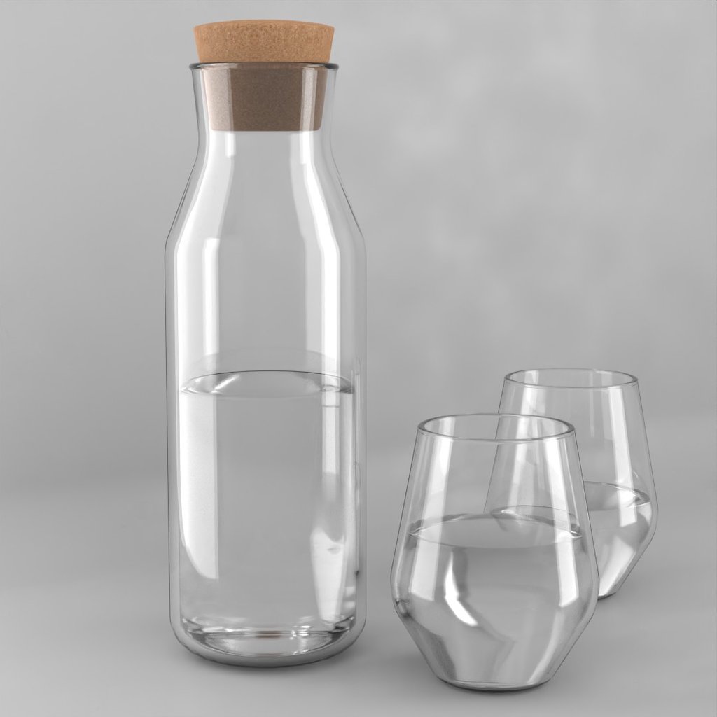 Water Glass Bottle With Cork and Glasses Kitchenware models BlenderKit