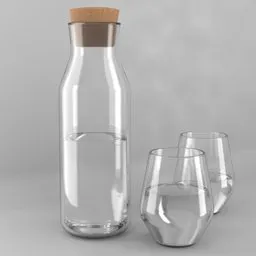 Realistic 3D-rendered carafe and two glasses, Blender compatible, sleek design, transparent with cork stopper.
