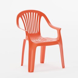 "Orange plastic garden chair with sleek design and long arms, ideal for outdoor furniture. 3D model created in Blender 3D software. Perfect for adding a pop of colour to any garden space."