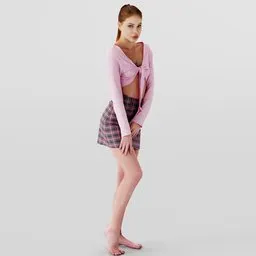 Realistic 3D female model posed in pink cardigan and plaid skirt for Blender animation.