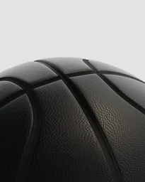 Close-up view of a high-resolution black basketball 3D model with detailed texture and lighting.