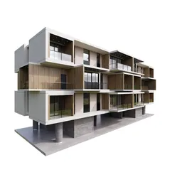 "Modular Building 10: A modern apartment building with balconies and large windows, made with Blender 3D. High-quality textures and clean mesh make it perfect for exterior scenes. This 3D model is ideal for architects, artists, and designers seeking a passive house design."
