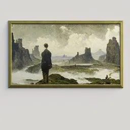 "Classic nature scene in an old oil painting on canvas, inspired by German romanticism. Perfect for museum art curators or as a framed poster. 3D model for Blender 3D software."