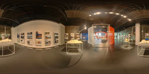 Spherical HDR panorama of a modern indoor showroom with exhibition panels and lighting for scene rendering.