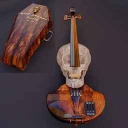 "Rosewood Hell Violin with Coffin-Shaped Carrying Case and Matching Bow - 3D Model for Blender 3D. High Quality and Realistic Rendering in POV-Ray. Perfect for Instrument or Horror-Themed Productions. Adjustable Varnish Glitter in Shader Node."
