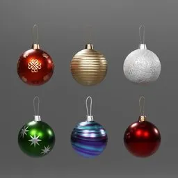 "Colorful and shiny Christmas tree ornaments for 3D modeling in Blender. Perfect for adding festive decorations to virtual environments. Download from BlenderKit's supplies category."