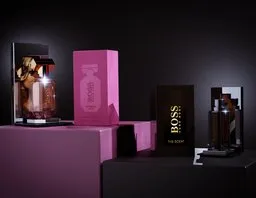 Photorealistic Blender 3D scene of elegant perfume bottles for product visualization.
