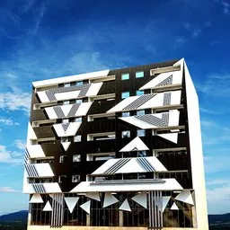 Modern 3D architecture model featuring a unique geometric facade with a mix of materials, designed for Blender rendering.
