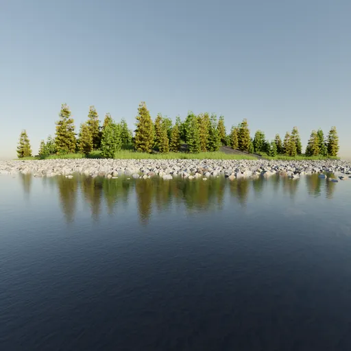 High-quality 3D render of a tranquil island with trees and rocks, suitable for Blender modeling and animation.