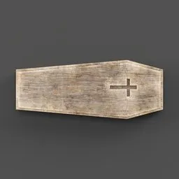 "Cityspace wooden coffin 3D model for Blender 3D. Perfect for graveyard scenes with a cross on the lid and metal accents. Available in an asset pack for Twitch streamers and featuring cel-shaded details."
