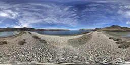 360-degree panorama featuring tranquil lake with mountain backdrop under clear blue skies, perfect for realistic scene lighting.