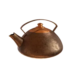 "Metal Kettle: A highly detailed, brass and copper container in Blender 3D. This 3D model features an old kettle with a handle, reminiscent of Ivan Grohar's art, set against a black background with cell shader shading, creating a striking visual. Perfectly tileable and suitable for creating scenes with a tea drinking theme."