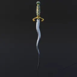 Ornate 3D fantasy dagger with golden details and green gemstones, rendered in Blender.