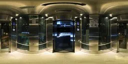 Modern elevator interior HDR for 3D scene lighting, with sleek metal finishes and illuminated panels, 4K texture.