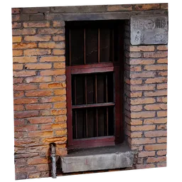 Detailed 3D model of an aged brick wall window for Blender, high-resolution textures, realistic antique architectural element.