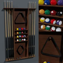 "3D model of a Pool Accessories Wall Rack, perfect for organizing cues, balls, racks, and chalk. Created with Blender 3D and features a stylish design suitable for any pool room. Ideal for game enthusiasts seeking to upgrade their pool game accessories wall rack."