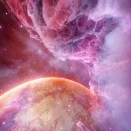 Space Pink Nebula with Radiant Planet