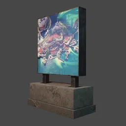 "Digital Display - A 3D model of a TV on a stand with a tropical reef image, inspired by Pedro Álvarez Castelló. Designed for exterior use in an industrial art style, featuring digital billboards, stone slab texture and nuclear art. Perfect for Blender 3D users looking to enhance their city street scenes."