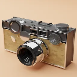 "Vintage Camera 3D model for Blender 3D - silver camera with brown background, detailed skin, inspired by photographers Alexander Rodchenko and Vivian Maier. Includes wood and gold metal materials and render of April. Perfect for photography projects."
