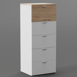 "A visually stunning 3D model of a modern, tall, and slender white and wood chest of drawers inspired by Jysk, rendered in a sleek animation style. Ideal for interior designers using Blender 3D, this Scandinavian-inspired commode features lockers, a 3/4 side view, and a path-based unbiased rendering technique. Created by Ladrönn, this high-quality 3D model is perfect for adding a touch of elegance to any virtual office or workspace design."