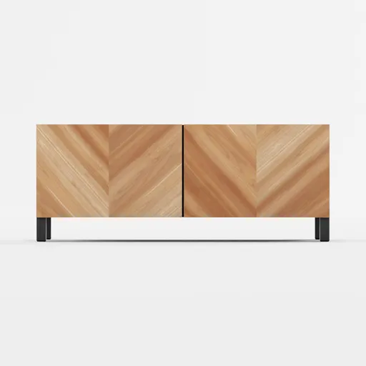 Realistic wooden 3D TV stand model with herringbone pattern, compatible with Blender for interior design visualization.