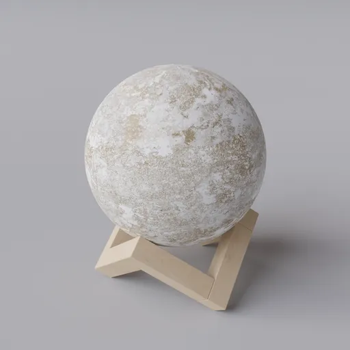 High-quality Blender 3D render of a textured stone sphere with a minimalistic wooden stand, showcasing lightweight shaders.