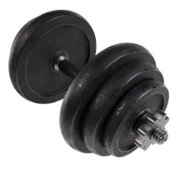 "Realistic fitness dumbbell 3D model with 4k textures for Blender 3D, perfect for video game assets and workout scenes. Detailed single solid body with rust effect and oily substances texture. Ideal for streaming on Twitch and Unreal Engine quality."