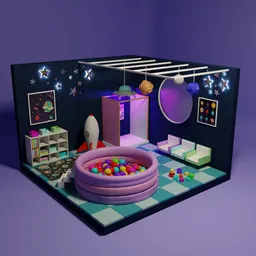 Vibrant low poly 3D arcade with neon-lit machines, geometric floor, and floating celestial decor in purple and blue shades.