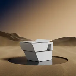 Ivory-white geometric 3D model showcased in a desert scene created with Blender for product visualization.