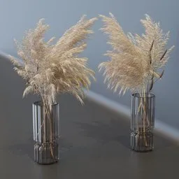 Realistic 3D-rendered pampas grass in transparent vases for modern interior design visualization in Blender.