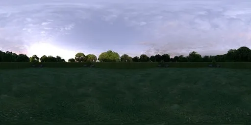 360-degree summer garden HDR with trimmed hedges and purple flowers for scene lighting.