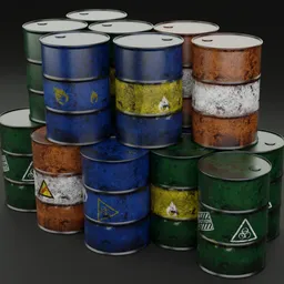 Realistic 3D oil barrels with highly detailed textures perfect for industrial scenes in Blender 3D projects.