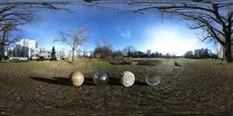 Winter park scene HDRI with unclipped sun, realistic shadows, and dynamic range for 3D lighting.