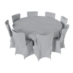 "Table Chair Cloth 3D model for Blender 3D: featuring chairs, a white table cloth, and asymmetrical design, great for realistic interior scenes. Generated in ZBrush with mathematical interlocking and a large round design. Perfect for your next project."