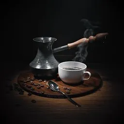 3D-rendered coffee scene with steaming cup and beans, showcasing realism in Blender modeling and lighting.