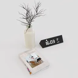 Alarm clock with book and fake plant