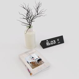 "Bedside table or coffee table decor set with digital alarm clock, 2 books, and white vase with fake plant. Scandinavian design with eco-friendly theme. Created in Blender 3D software."