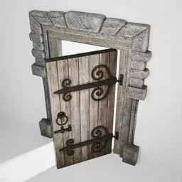 Low-poly 3D model of a medieval door with iron hinges, suitable for Blender projects with PBR textures.